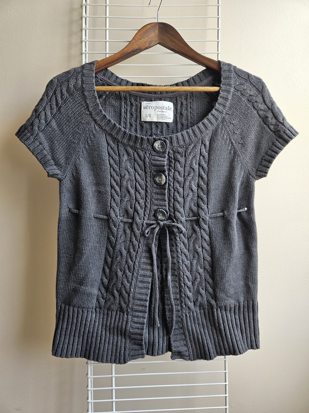 Aeropostale Charcoal Gray Cable Knit Short-Sleeve Cardigan Sweater